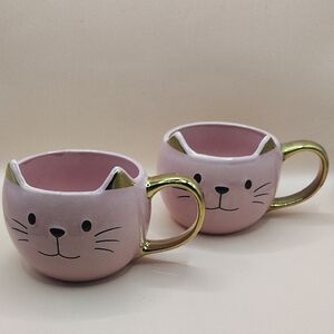 Pair Of Pink Cat Face Mugs with Gold Handles And Cat Ears